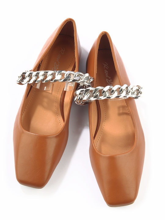 Synthetic Leather Pointy Ballerinas Chain Strap Tabac Brown