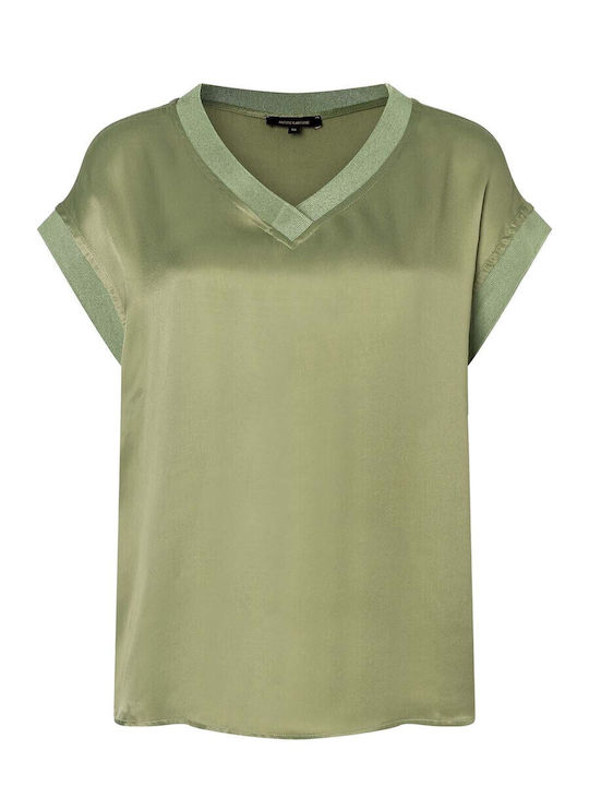 Women's Blouse Satin with V Neckline Olive