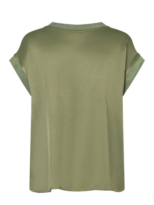 Women's Blouse Satin with V Neckline Olive