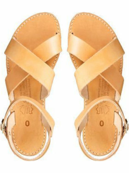 Leather Women's Flat Sandals with Strap in Beige Color