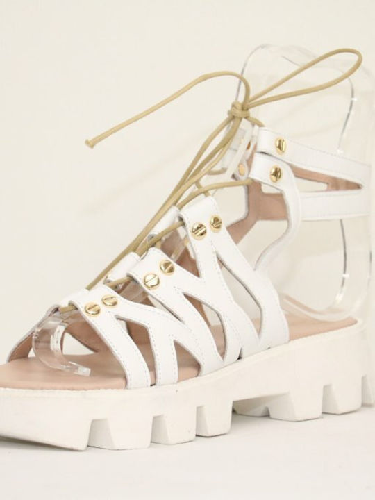 Sandale Casual Damă Gladiator Albă Din Piele