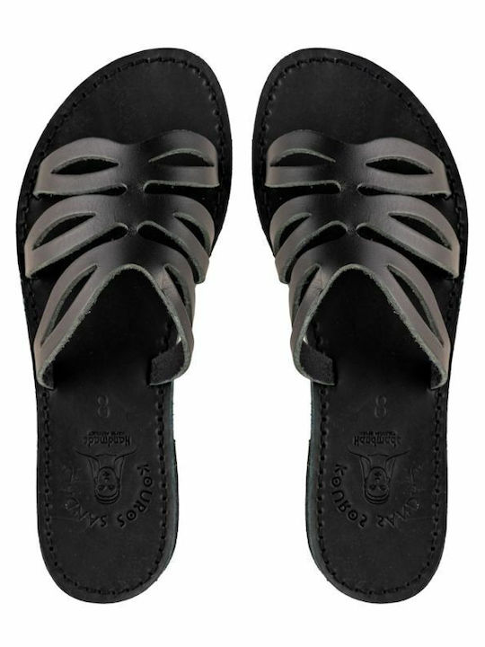 Leather Women's Flat Sandals in Black Color