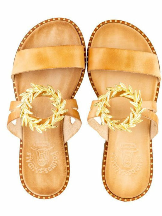 Leather Women's Flat Sandals in Beige Color