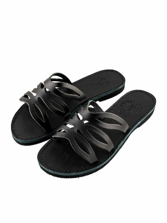 Leather Women's Flat Sandals in Black Color