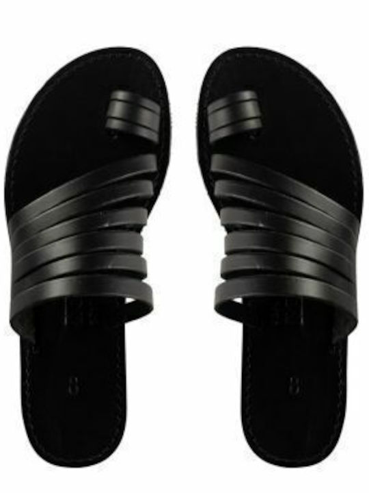 Leather Women's Flat Sandals in Black Color