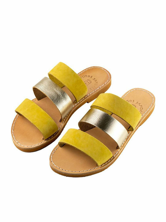 Leather Women's Flat Sandals in Yellow Color