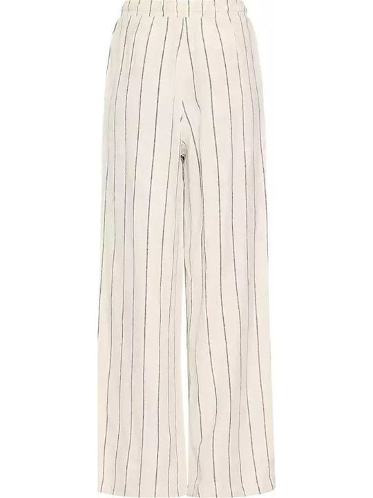 Women's Linen Trousers with Elastic Loose Fit Striped Natural Ecru