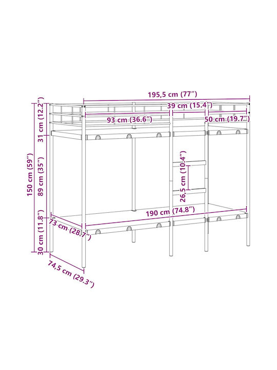Pat pentru Copii Cușeta Single Negru pentru Saltea 75x190cm