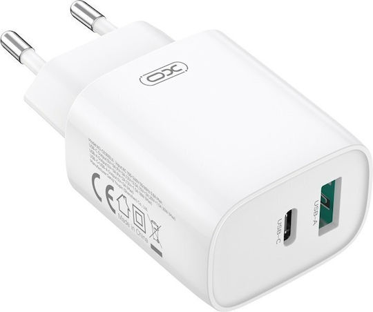 XO Ladegerät mit USB-A Anschluss und USB-C Anschluss und Kabel USB-C - Lightning 30W Stromlieferung Weißs (CE30)