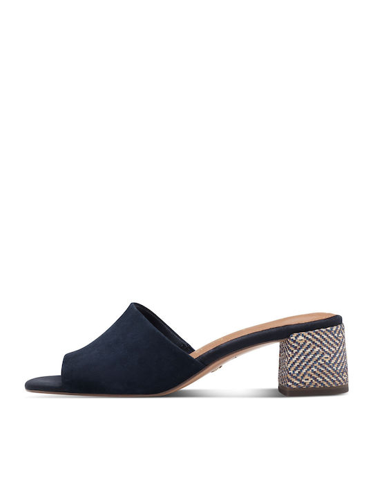 Leather Mules with Chunky Low Heel in Blue Color