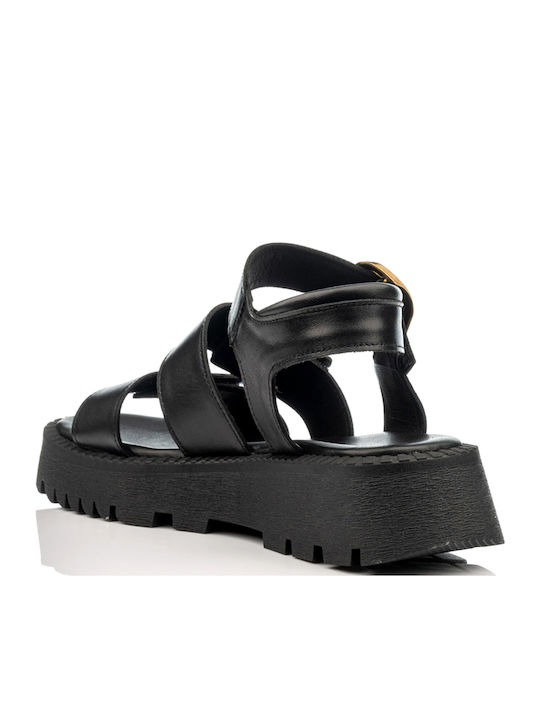 Δερμάτινα Γυναικεία Σανδάλια Flatforms Μαύρα