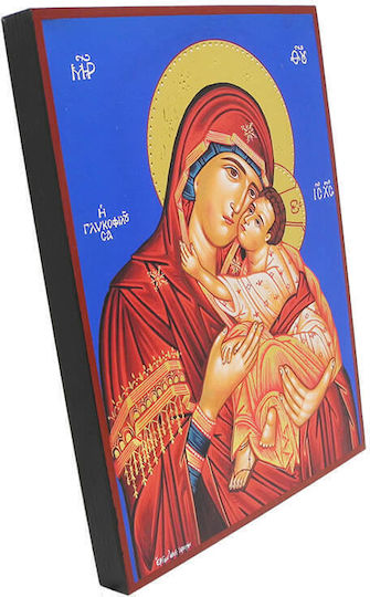 Jungfrau Maria Glykophilousa Holz-Ikone Blauer Hintergrund 24x18cm