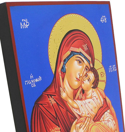 Jungfrau Maria Glykophilousa Holz-Ikone Blauer Hintergrund 24x18cm