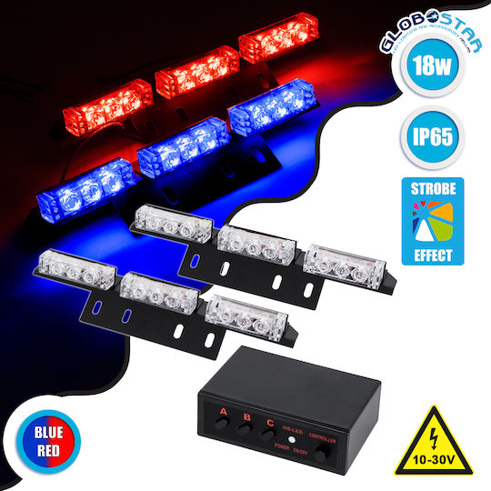 GloboStar Pro Series Μπάρες Σήμανσης Οχήματος Αστυνομίας για Αυτοκίνητα & Φορτηγά 3 Προγραμμάτων Φωτισμού Strobe Led High Power 18W 10-30V - Μπλε