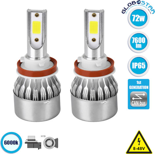 GloboStar Lampen Auto C6 Line H16 Canbus LED 6000K Kaltes Weiß 8-48V 72W 2Stück