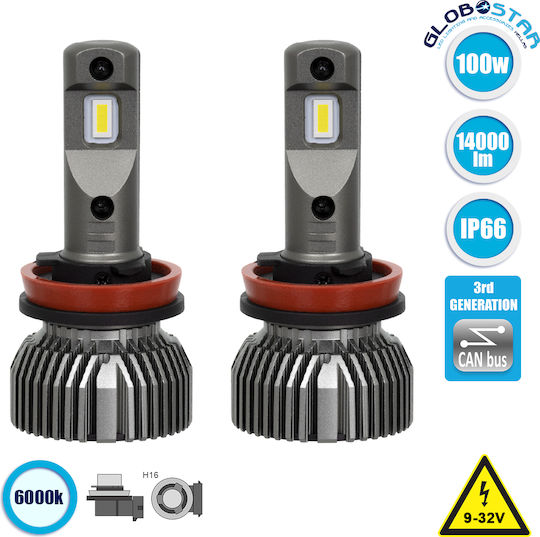 GloboStar Lampen Auto H16 Canbus LED 6000K Kaltes Weiß 9-32V 100W 2Stück