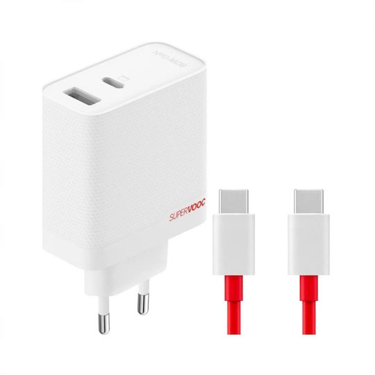 OnePlus GaN Charger with USB-A Port and USB-C Port and USB-C - USB-C Cable 120W Power Delivery White (SuperVooc)