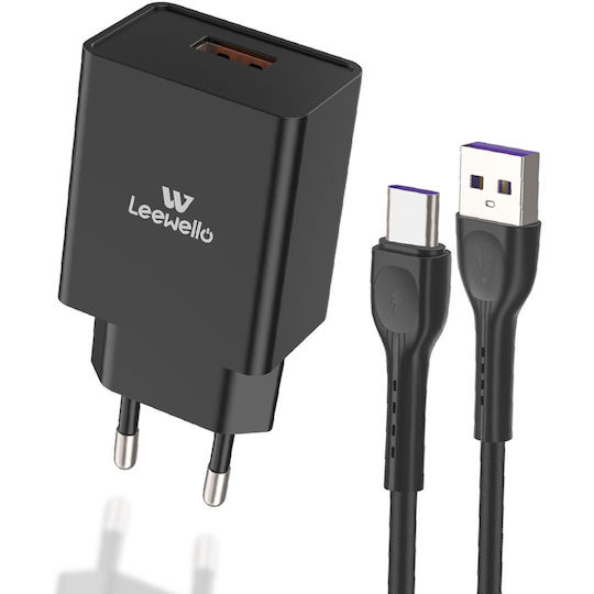 Leewello Încărcător cu Port USB-A și Cablu USB-C 20W Quick Charge 3.0 Negruς (LW-327)