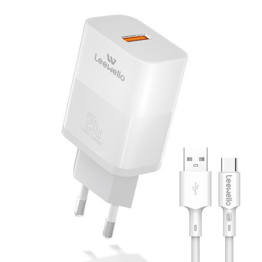 Leewello Încărcător cu Port USB-A și Cablu USB-C 20W Quick Charge 3.0 Albς (LW-326)