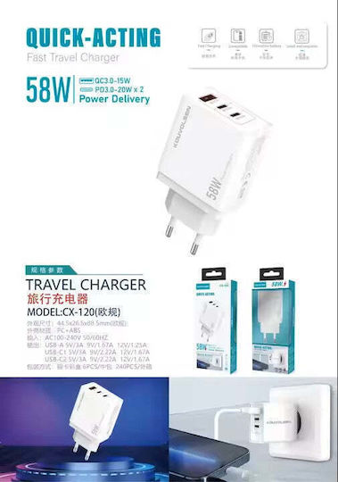 Φορτιστής Χωρίς Καλώδιο με Θύρα USB-A και 2 Θύρες USB-C 58W Quick Charge 3.0 Λευκός (Kouvolsen CX-120)