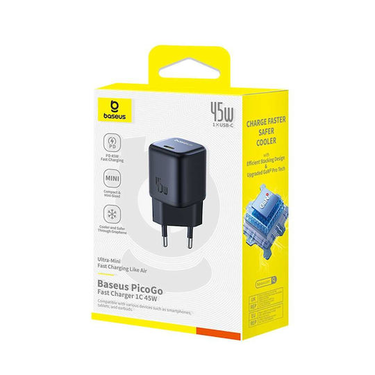 Baseus Φορτιστής Χωρίς Καλώδιο GaN με Θύρα USB-C 45W Power Delivery / Quick Charge 3.0 / SuperCharge Μαύρος (PicoGo)