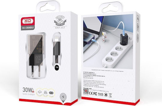 XO Charger GaN with USB-A Port and USB-C Port and Cable USB-C - Lightning 18W Power Delivery / Quick Charge 3.0 Blacks (CE05)