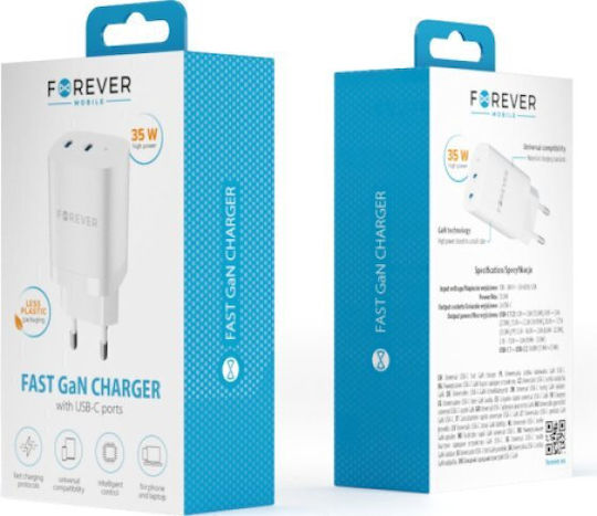 Forever Φορτιστής Χωρίς Καλώδιο GaN με 2 Θύρες USB-C 35W Power Delivery Λευκός (TC-05-35CC)