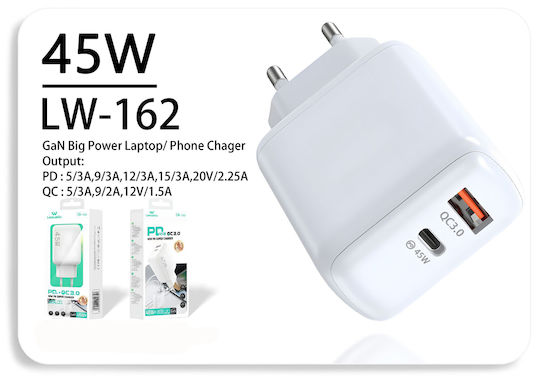 Leewello Încărcător Fără Cablu cu Port USB-A și Port USB-C 45W Livrarea energiei Albς (Lw-162)