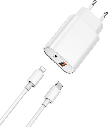 Wiwu с USB-A порт и USB-C порт и кабел USB-C - Lightning 20W Power Delivery / Quick Charge 3.0 Бял (Wi-U002)