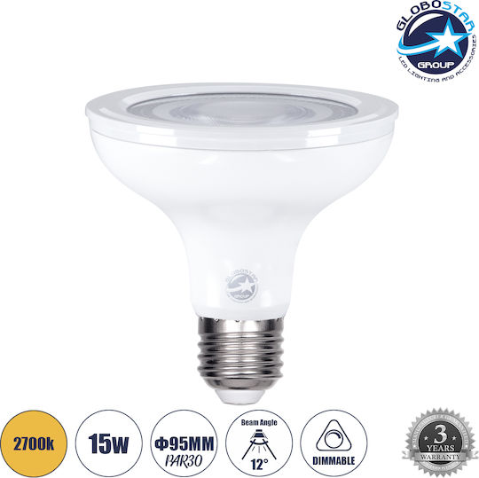 GloboStar LED крушка 15W 95mm за фасунга E27 и форма PAR30 Топло бяло 1410лм Димируем