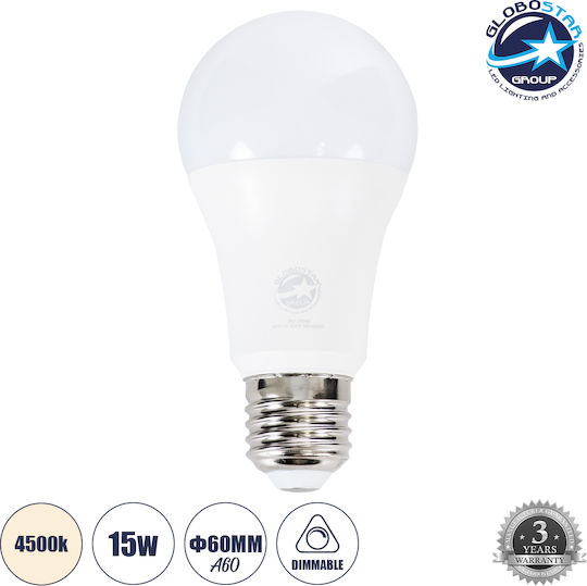 GloboStar LED Bulb 15W 119mm for Socket E27 and Shape A60 Natural White 1455lm Dimmable
