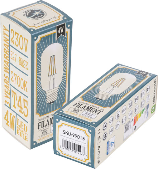 GloboStar Edison Retro LED-Lampe 4W 110mm für Fassung E27 und Form T45 Warmes Weiß 440lm Dimmbar