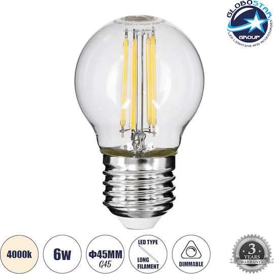 GloboStar LED-Lampe 6W 75mm für Fassung E27 und Form G45 Naturweiß 660lm Dimmbar