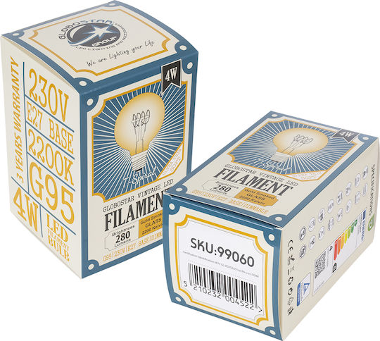 GloboStar LED-Lampe 4W 135mm für Fassung E27 und Form G95 Warmes Weiß 280lm Dimmbar