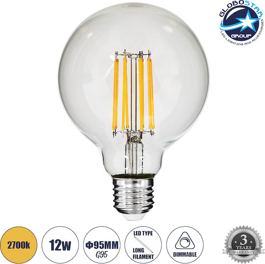 GloboStar Edison Retro LED-Lampe 12W 137mm für Fassung E27 und Form G95 Warmes Weiß 1320lm Dimmbar