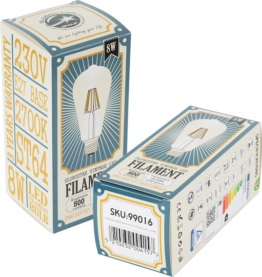 GloboStar Edison Retro LED Bulb 8W 145mm for Socket E27 and Shape ST64 Warm White 880lm Dimmable