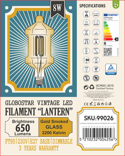 GloboStar LED крушка 8W 215mm за фасунга E27 Топло бяло 650лм Димируем