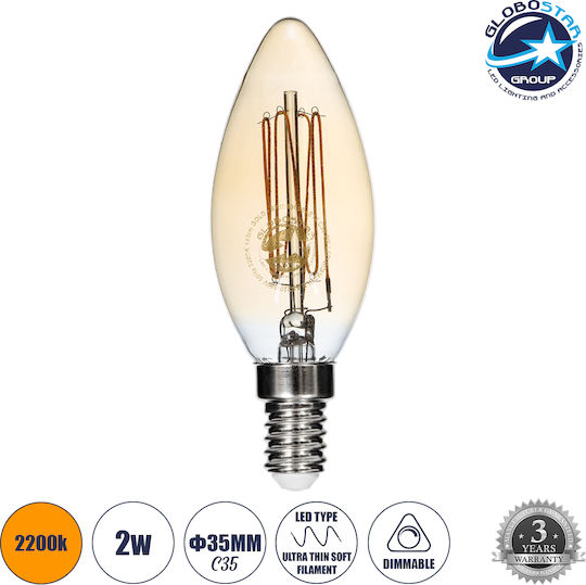 GloboStar LED Bulb 2W 105mm for Socket E14 and Shape C35 Warm White 140lm Dimmable
