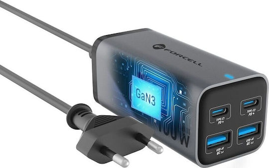 Forcell Βάση Φόρτισης GaN με 2 Θύρες USB-A και 2 Θύρες USB-C 100W Power Delivery / Quick Charge 4.0 σε Γκρι χρώμα (VT-51)