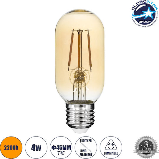 GloboStar Edison Retro Λάμπα LED 4W 110mm για Ντουί E27 και Σχήμα T45 Θερμό Λευκό 420lm Dimmable