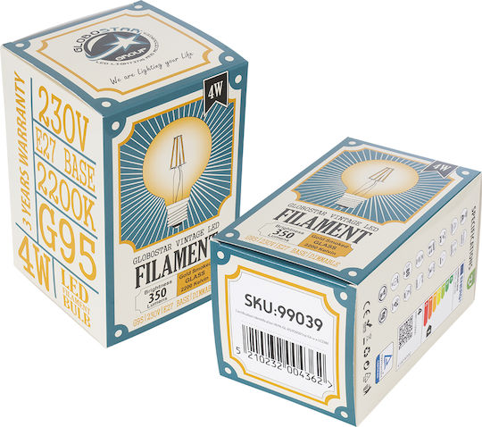 GloboStar LED-Lampe 4W 137mm für Fassung E27 und Form G95 Warmes Weiß 420lm Dimmbar