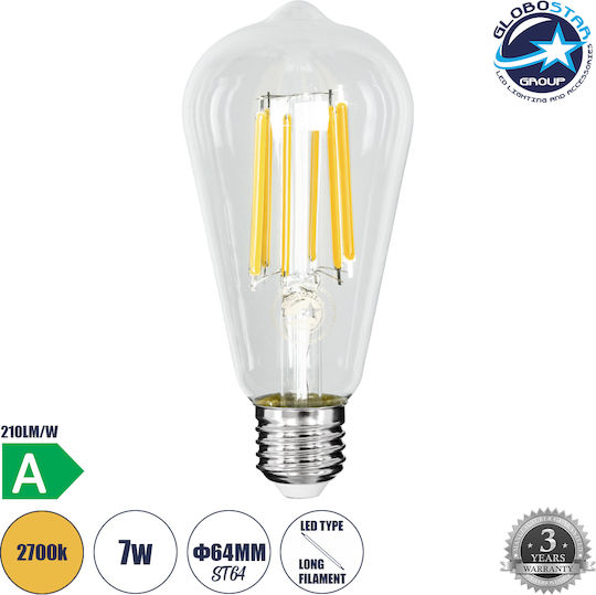 GloboStar LED Bulb 7W 145mm for Socket E27 and Shape ST64 Warm White 1470lm