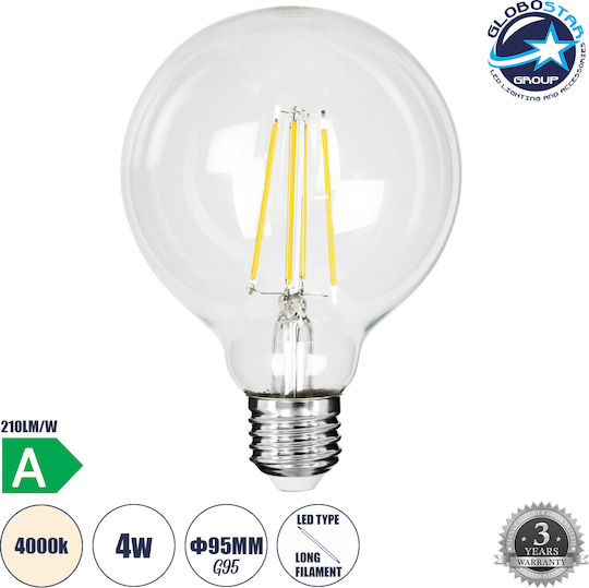 GloboStar LED Bulb 4W 138mm For E27 Socket And G95 Shape Natural White 840lm
