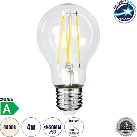 GloboStar Λάμπα LED 4W 110mm για Ντουί E27 και Σχήμα A60 Φυσικό Λευκό 840lm