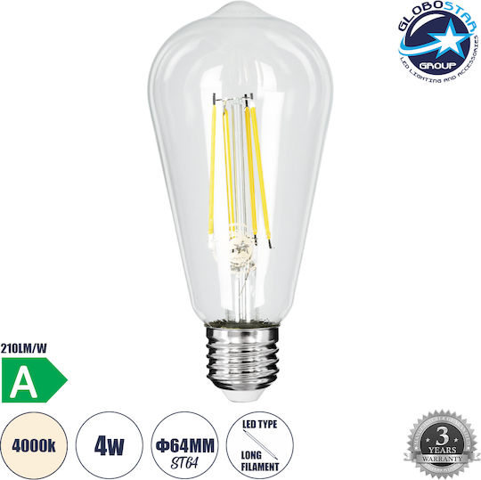 GloboStar LED Bulb 4W 145mm for Socket E27 and Shape ST64 Natural White 840lm Dimmable