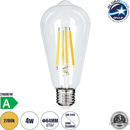 GloboStar LED крушка 4W 145mm за фасунга E27 и форма ST64 Топло бяло 840лм Димируем