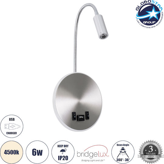 GloboStar Goose Modern Lumină de Perete cu LED Integrat și Lumină Alb Natural Argintiu 15.5x30.5cm