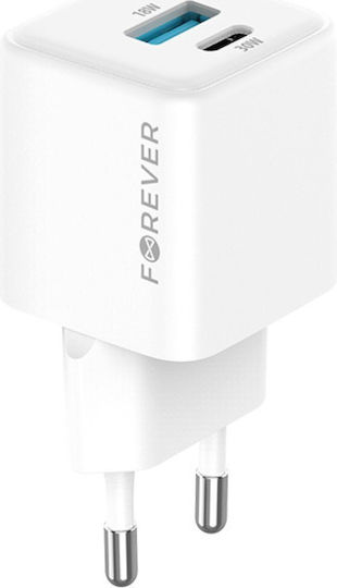 Forever Charger Without Cable GaN with USB-A Port and USB-C Port 30W Power Delivery Whites (TC-08-30AC)