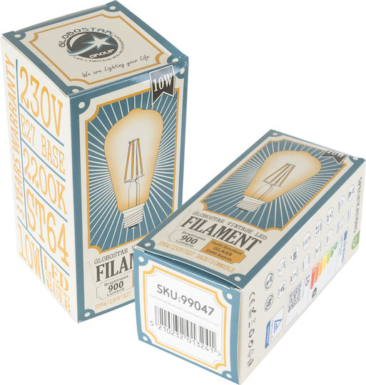 GloboStar Edison Retro Λάμπα LED 10W 140mm για Ντουί E27 και Σχήμα ST64 Θερμό Λευκό 1050lm Dimmable