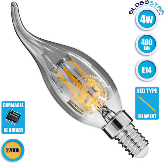 GloboStar Edison Retro Λάμπα LED 4W 120mm για Ντουί E14 και Σχήμα C35T Θερμό Λευκό 400lm Dimmable